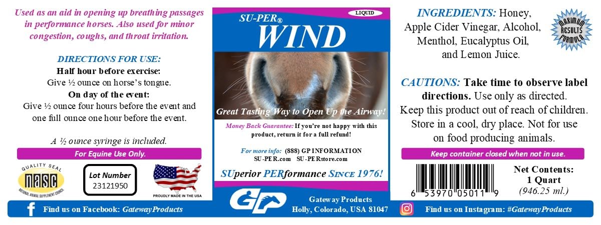 SU-PER Wind Breathing Aid for Horses - Opens Up The Airway in Race Horses - Helps Minor Congestion, Coughs, and Throat Irritation - Equine Respiratory Care Liquid - 1 Pint + Syringe