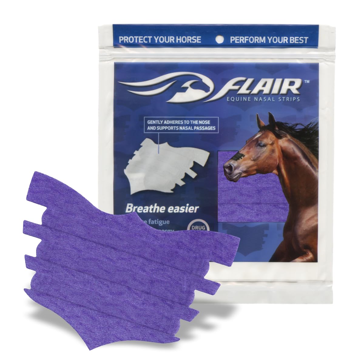 Tiras nasales Flair Equine para caballos (EE. UU., 1 paquete), Tiras nasales adhesivas para equinos y soporte, Mejora de la respiración para caballos de competición y entrenamiento, Suministros de salud equina, Ayuda para respirar