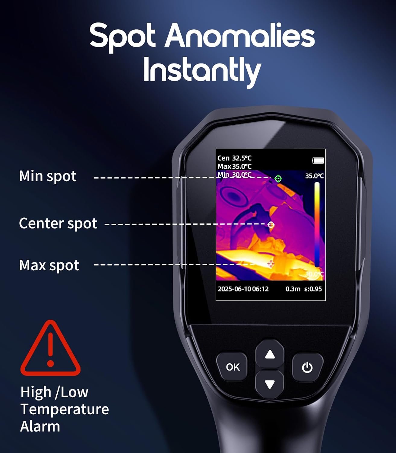 Thermal Camera, 240 x 240 TISR Resolution, -4°F to 1022°F Temp Range, 25Hz Infrared Camera with Temperature Alarm, 50°FOV Handheld Thermal Imaging Camera