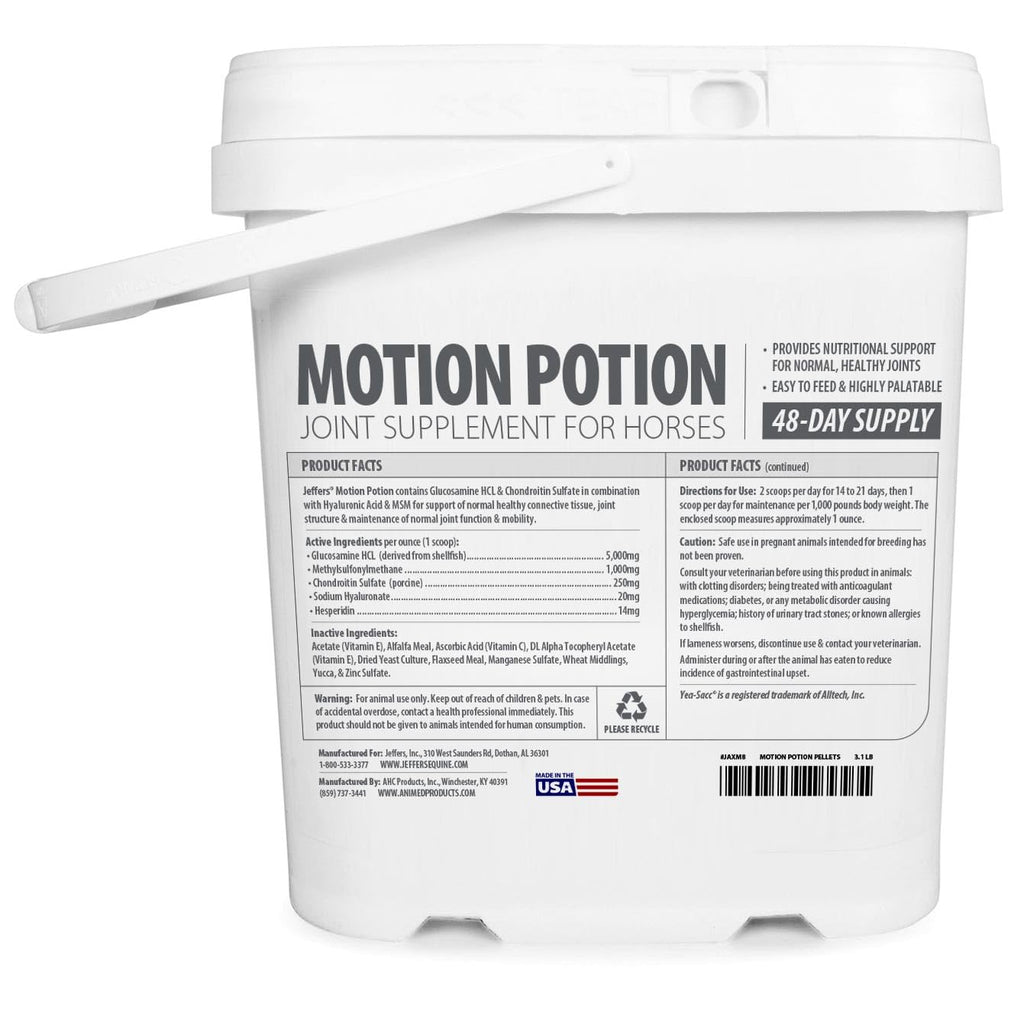 Gránulos de suplemento para articulaciones de caballos Motion Potion de Jeffers – Glucosamina HCl, MSM, Condroitina, Ácido hialurónico, Vitaminas C y E, Soporte equino diario para caballos mayores y activos – 10 lbs, Suministro para 160 días
