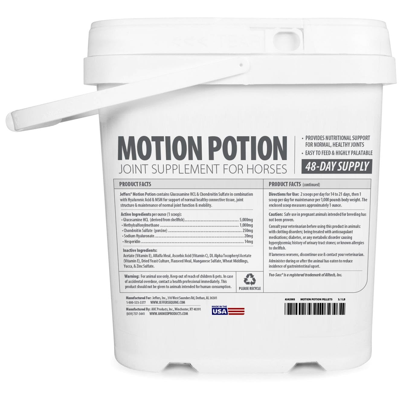Gránulos de suplemento para articulaciones de caballos Motion Potion de Jeffers – Glucosamina HCl, MSM, Condroitina, Ácido hialurónico, Vitaminas C y E, Soporte equino diario para caballos mayores y activos – 10 lbs, Suministro para 160 días