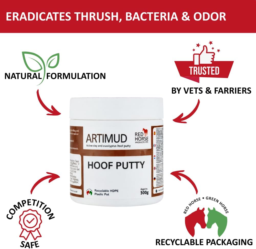 Artimud - Horse Hoof Putty Thrush Treatment 10 oz (300g) | Eucalyptus Horse Hoof Clay | Equine Frog & Sole Protection | Red Horse Products | Natural Hoof Mud | Non-caustic | All Equines