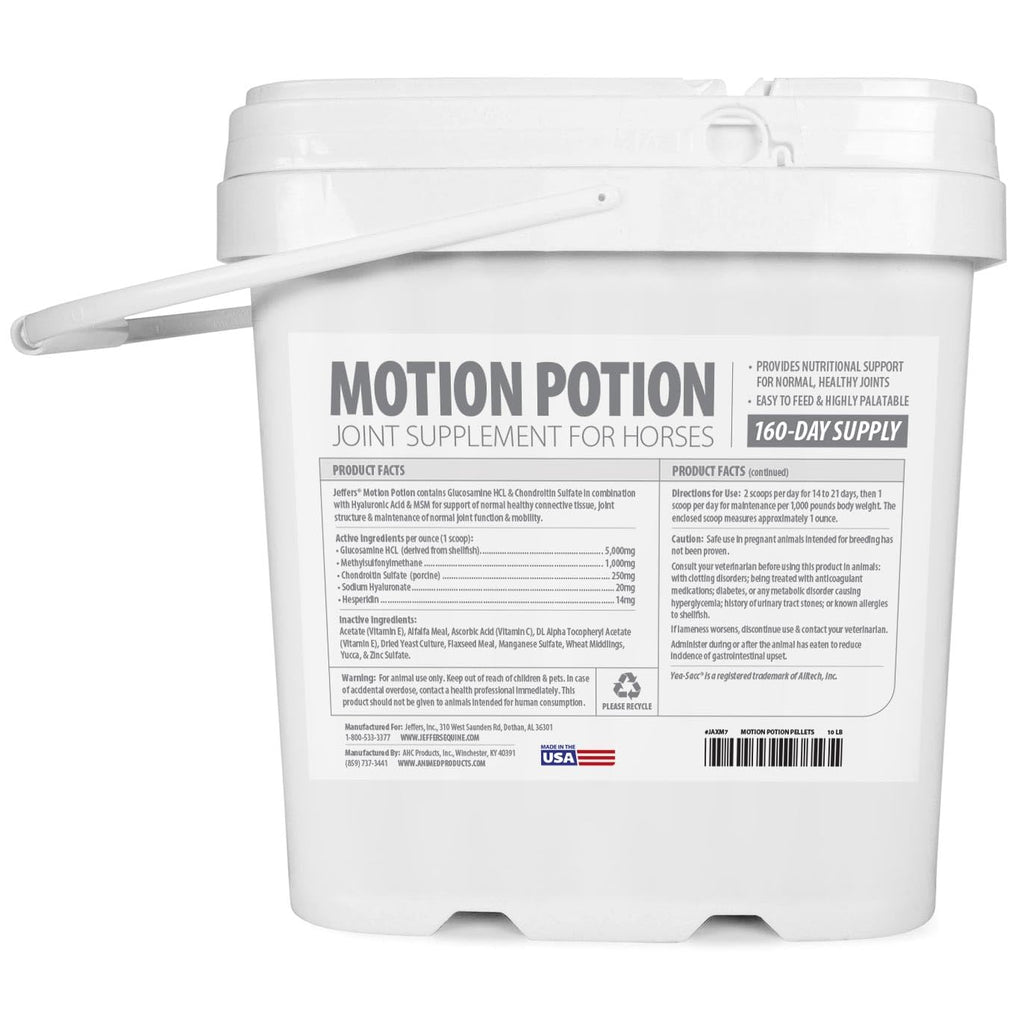 Gránulos de suplemento para articulaciones de caballos Motion Potion de Jeffers – Glucosamina HCl, MSM, Condroitina, Ácido hialurónico, Vitaminas C y E, Soporte equino diario para caballos mayores y activos – 10 lbs, Suministro para 160 días