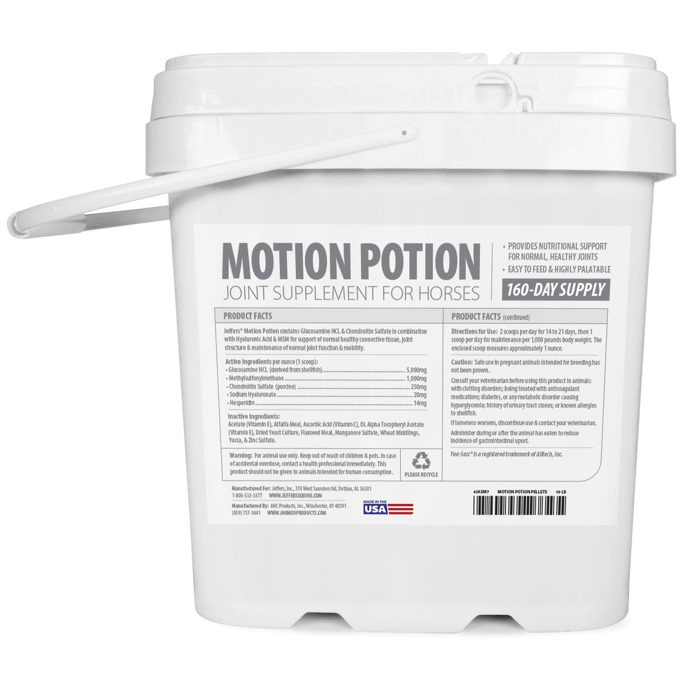 Jeffers Motion Potion Horse Joint Supplement Pellets – Glucosamine HCL, MSM, Chondroitin, Hyaluronic Acid, Vitamin C & E, Daily Equine Support for Senior & Active Horses – 10 lbs, 160 Day Supply