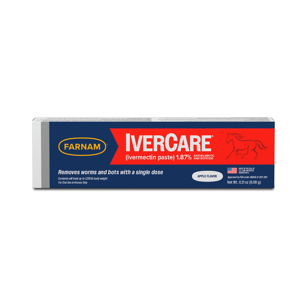 Farnam IverCare (pasta de ivermectina) 1.87% para caballos, antihelmíntico y botulicida, 0.21 onzas, desparasitante para caballos, pasta de ivermectina con sabor a manzana, hasta 1,250 lb