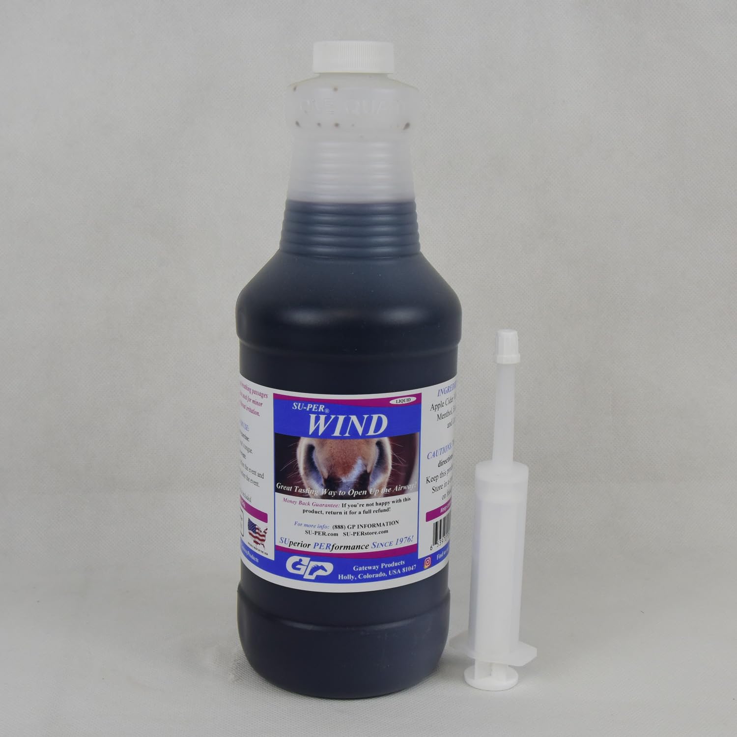 SU-PER Wind Breathing Aid for Horses - Opens Up The Airway in Race Horses - Helps Minor Congestion, Coughs, and Throat Irritation - Equine Respiratory Care Liquid - 1 Pint + Syringe