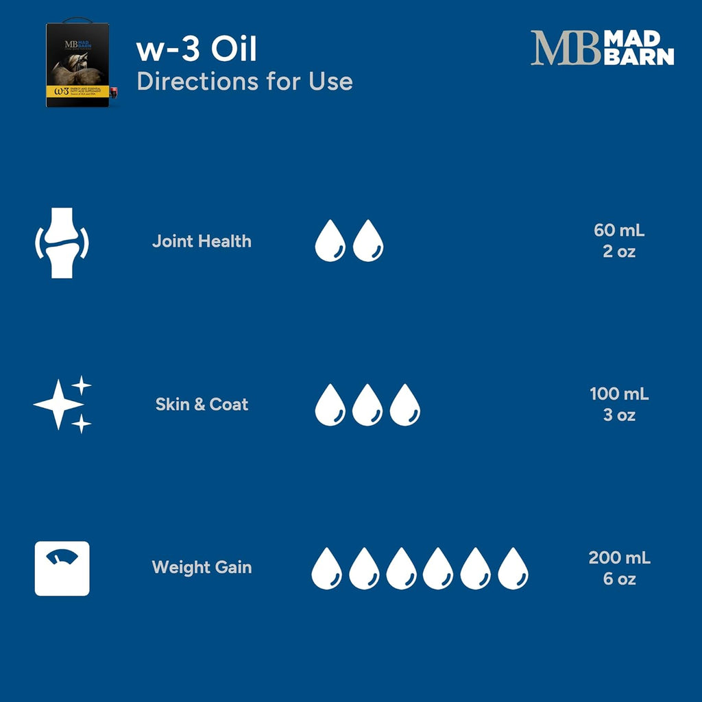 Mad Barn - Aceite W-3 5 L con Omega-3 DHA y Vitamina E Natural | Suplemento Graso para Caballos | Favorece una Piel Sana y un Pelaje Brillante