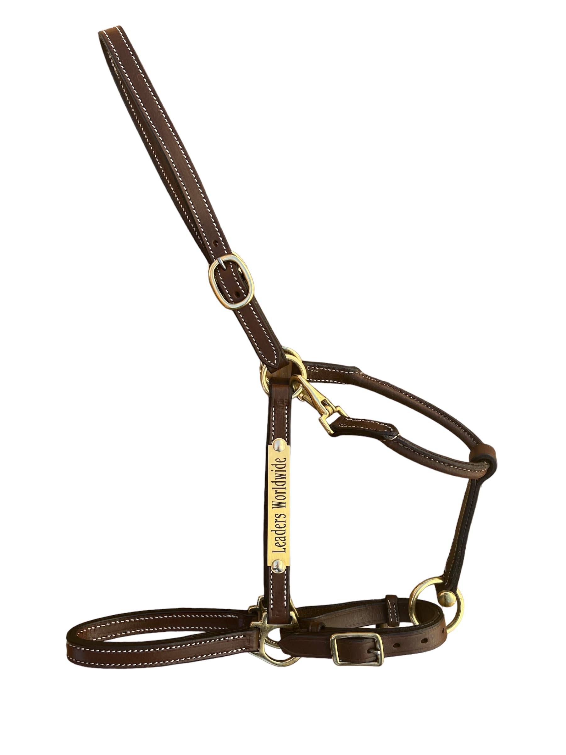 Cabestro de cuero de 3/4" de Leaders para caballos con placa de identificación grabada personalizada, cuero marrón con herrajes de latón macizo