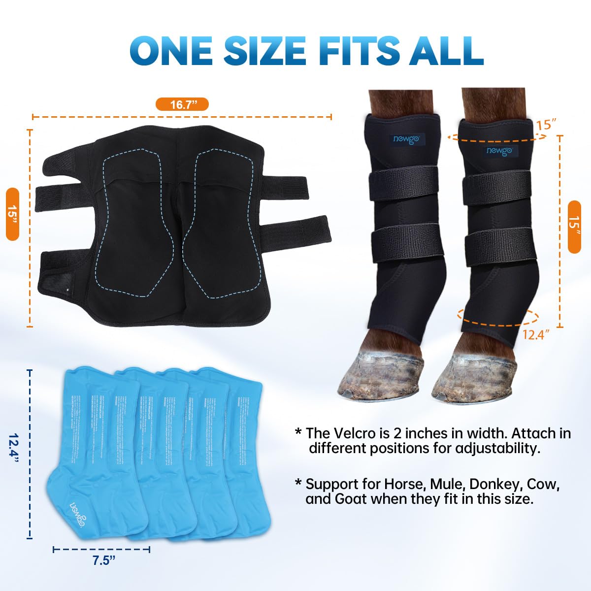 NEWGO Horse Ice Pack Reusable Horse Leg Wrap for Injury, Cooling Horse Knee Wrap Full Coverage Leg Ice Boot Cold Pack 1 Wrap with 2 Gel Packs for Knee, Legs, Boots, and Hooves