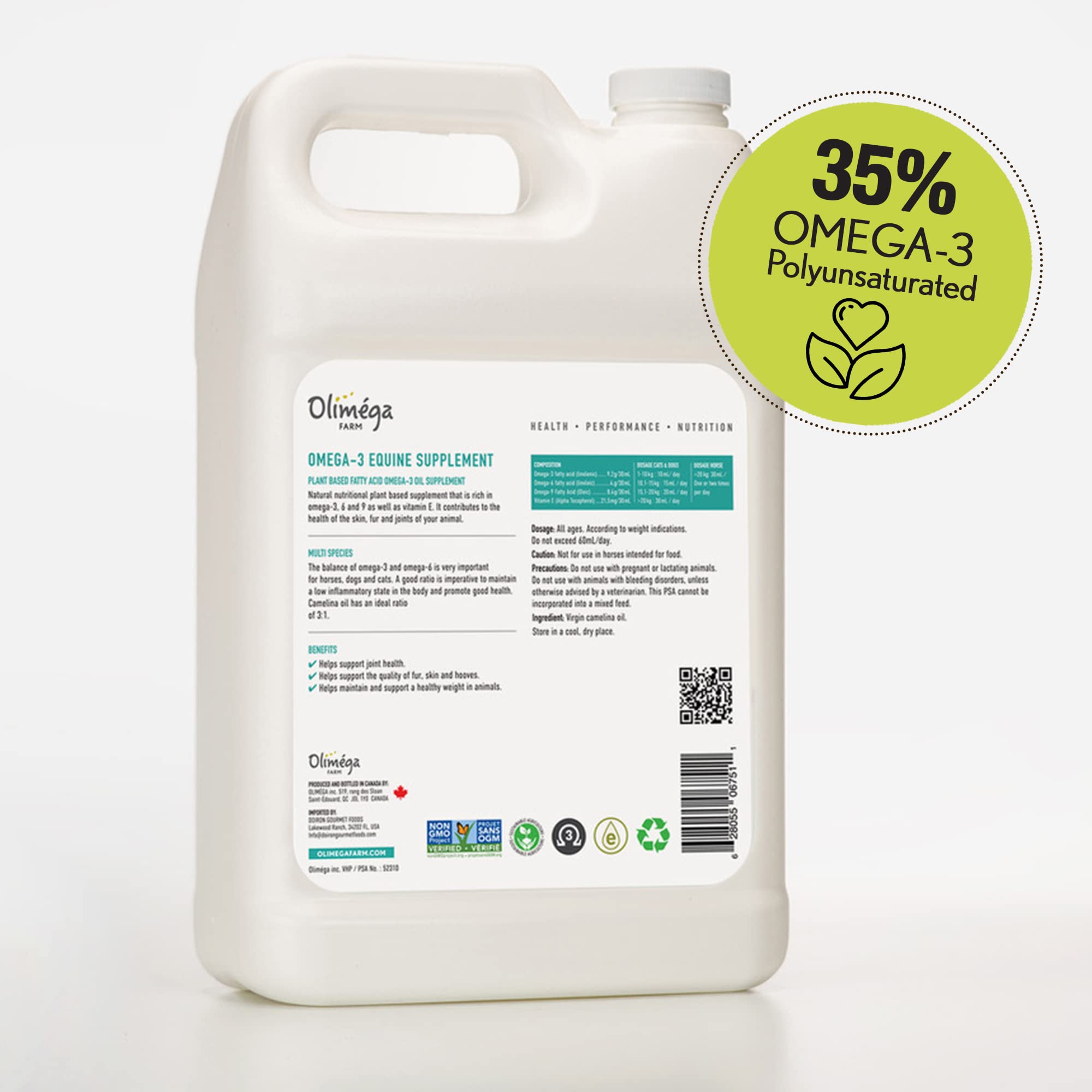 Aceite de camelina para caballos, 1 galón de Olimega Farm | Rico en Omega-3 y Vitamina E | Favorece la salud de articulaciones, pelaje y piel | Puro y prensado en frío | Suplemento para las articulaciones | Hecho en Canadá | No transgénico
