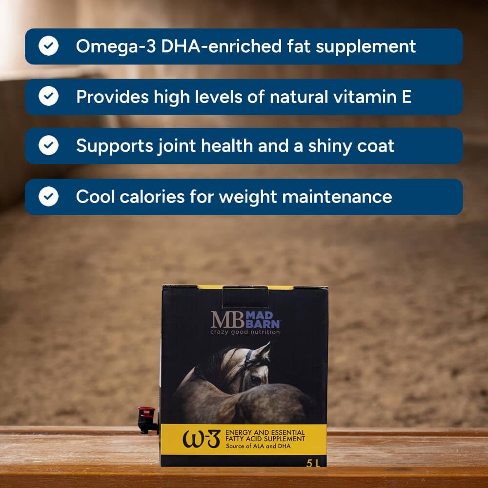 Mad Barn - W-3 Oil 5 L with Omega-3 DHA & Natural Vitamin E | Fat Supplement for Horses | Supports Healthy Skin & Shiny Coat