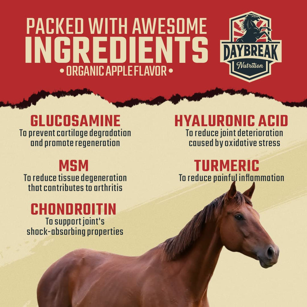 Suplemento articular equino de máxima potencia 8 en 1 Daybreak Nutrition - Suplemento articular para caballos - Glucosamina, MSM, condroitina, cúrcuma, ácido hialurónico, manganeso y boswellia - 964g (30 porciones)
