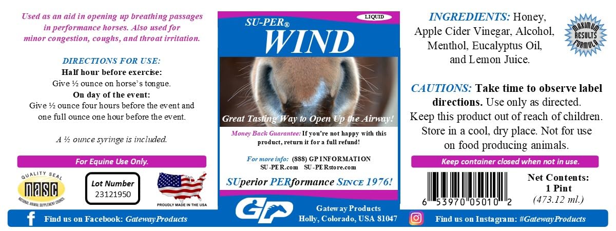 SU-PER Wind Breathing Aid for Horses - Opens Up The Airway in Race Horses - Helps Minor Congestion, Coughs, and Throat Irritation - Equine Respiratory Care Liquid - 1 Pint + Syringe