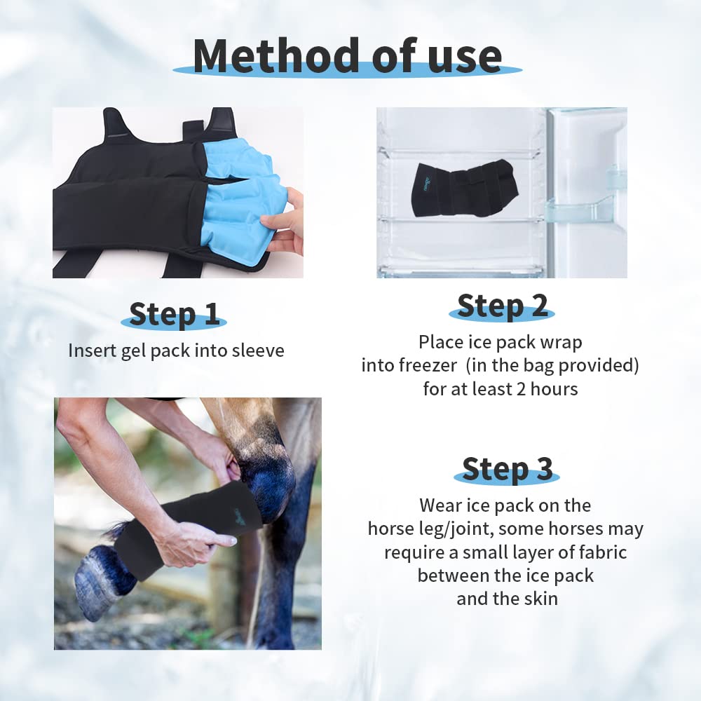 NEWGO Envoltura de hielo para caballo, reutilizable, para lesiones, envoltura refrescante de rodilla de caballo, cubierta completa, bota de hielo fría, 1 envoltura con 2 paquetes de gel para rodilla, piernas, botas y cascos