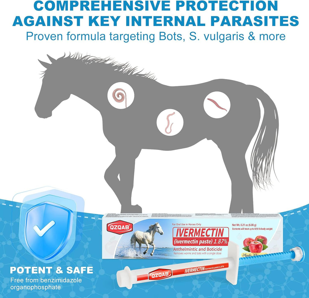 Pasta Equina de Ivermectina al 1.87% – Desparasitante Oral con Sabor a Manzana para Caballos, Paquete de 6