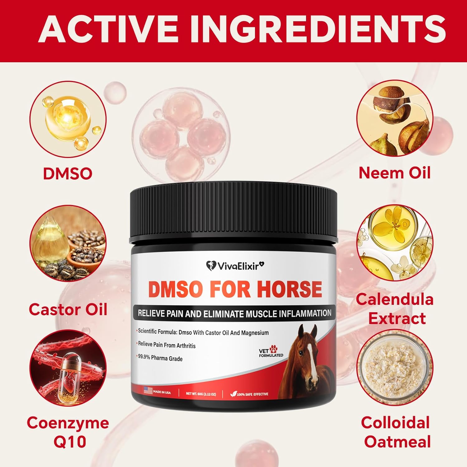 Liniment Gel DMSO for Horses | Veterinary Liniment Gel | Medical-Grade DMSO | Magnesium & Castor Oil Horse Cream for Joint & Muscle Pain | Horse Pain Relief | Muscle Pain Gel - 60g