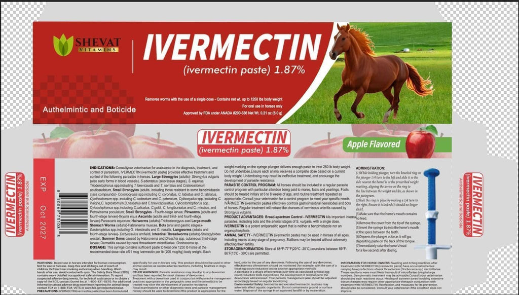 Pasta de Ivermectina para Caballos 1.87% – Sabor Manzana – Tubo de 6.08g – para Caballos de hasta 1250 lb - Paquete de 4