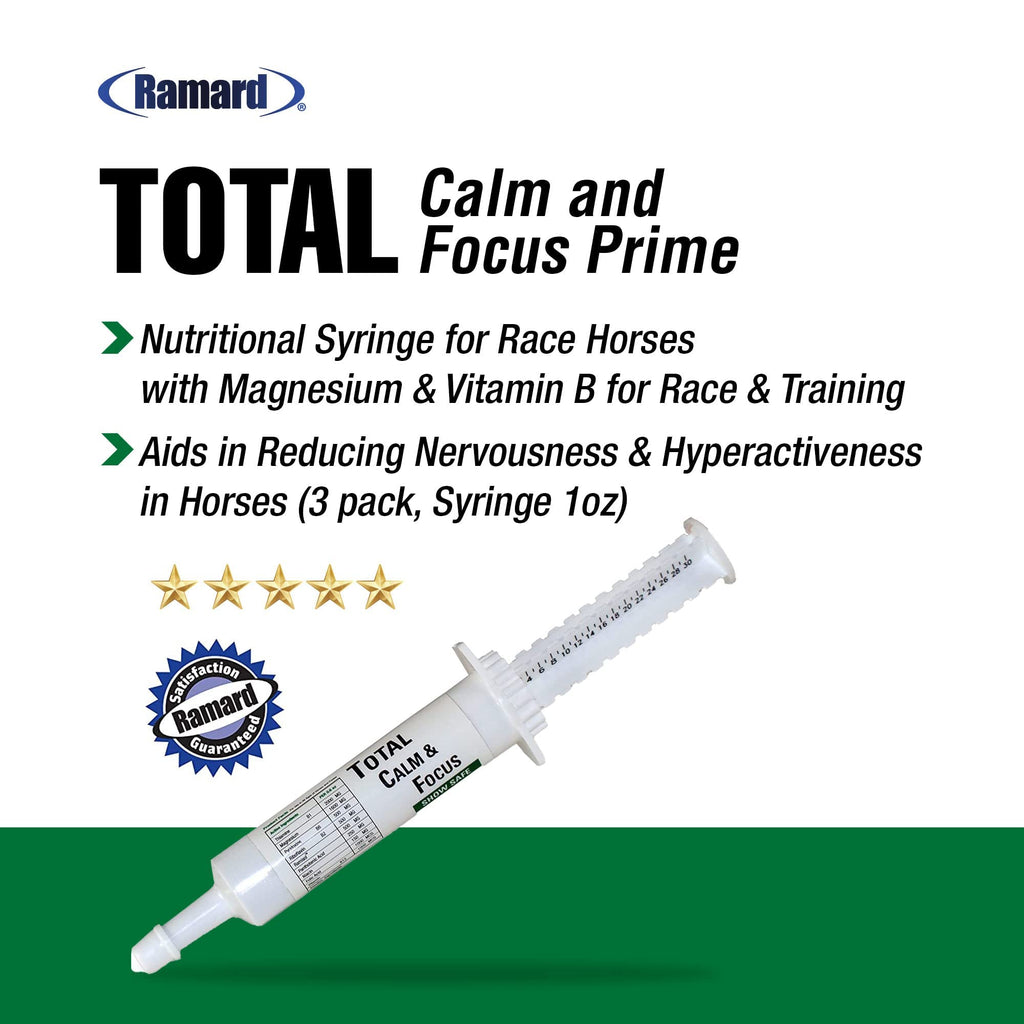 Ramard Total Calm and Focus for Horses Supplement - Magnesium & Calming Formula for Horse Show, Training, Performance Mental Alertness Without Drowsiness, Show Safe, Equine Supplies 1oz Syringe 3Packs