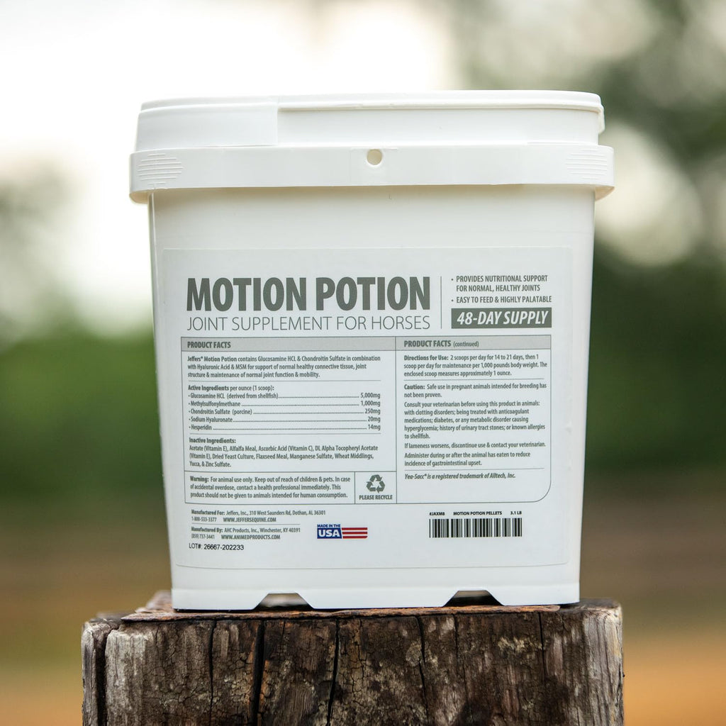 Gránulos de suplemento para articulaciones de caballos Motion Potion de Jeffers – Glucosamina HCl, MSM, Condroitina, Ácido hialurónico, Vitaminas C y E, Soporte equino diario para caballos mayores y activos – 10 lbs, Suministro para 160 días