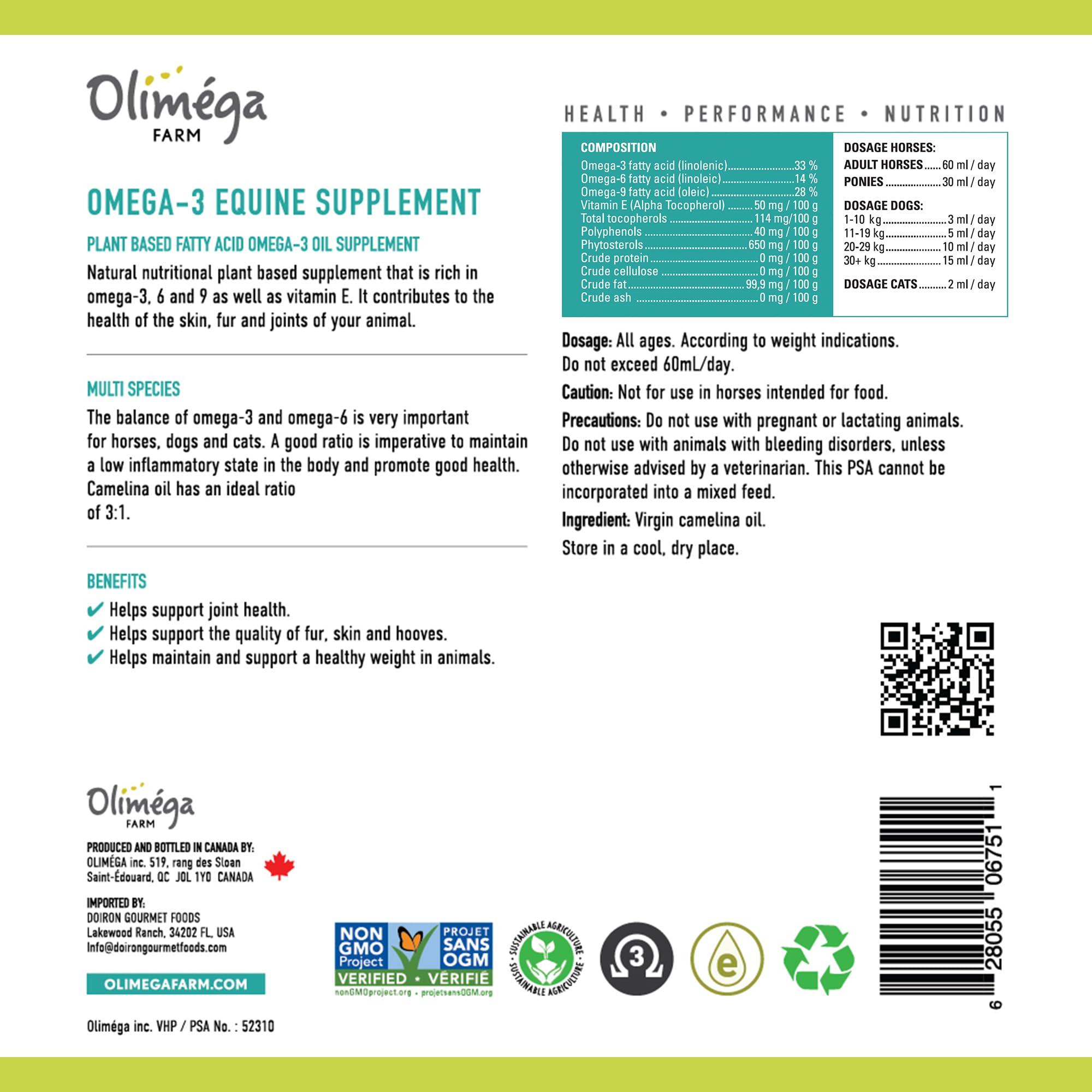 Camelina Oil for Horses, 1 Gallon by Olimega Farm | High in Omega-3 & Vitamin E | Support for Healthy Joints, Coat & Skin | Pure & Cold Pressed | Joint Supplement | Made in Canada | Non-GMO