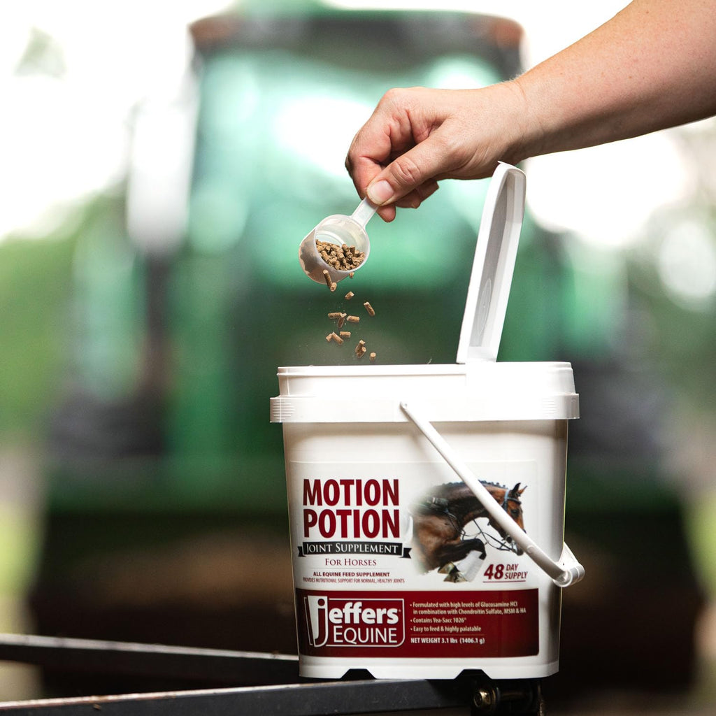 Gránulos de suplemento para articulaciones de caballos Motion Potion de Jeffers – Glucosamina HCl, MSM, Condroitina, Ácido hialurónico, Vitaminas C y E, Soporte equino diario para caballos mayores y activos – 10 lbs, Suministro para 160 días