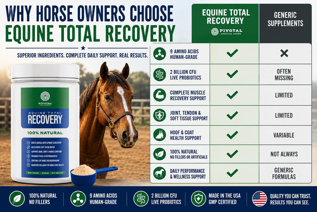 Pivotal Feeds Equine Total Recovery Suplemento – 9 aminoácidos y probióticos para caballos | Recuperación muscular, rendimiento y apoyo digestivo | Aderezo de pienso para caballos | 100 porciones