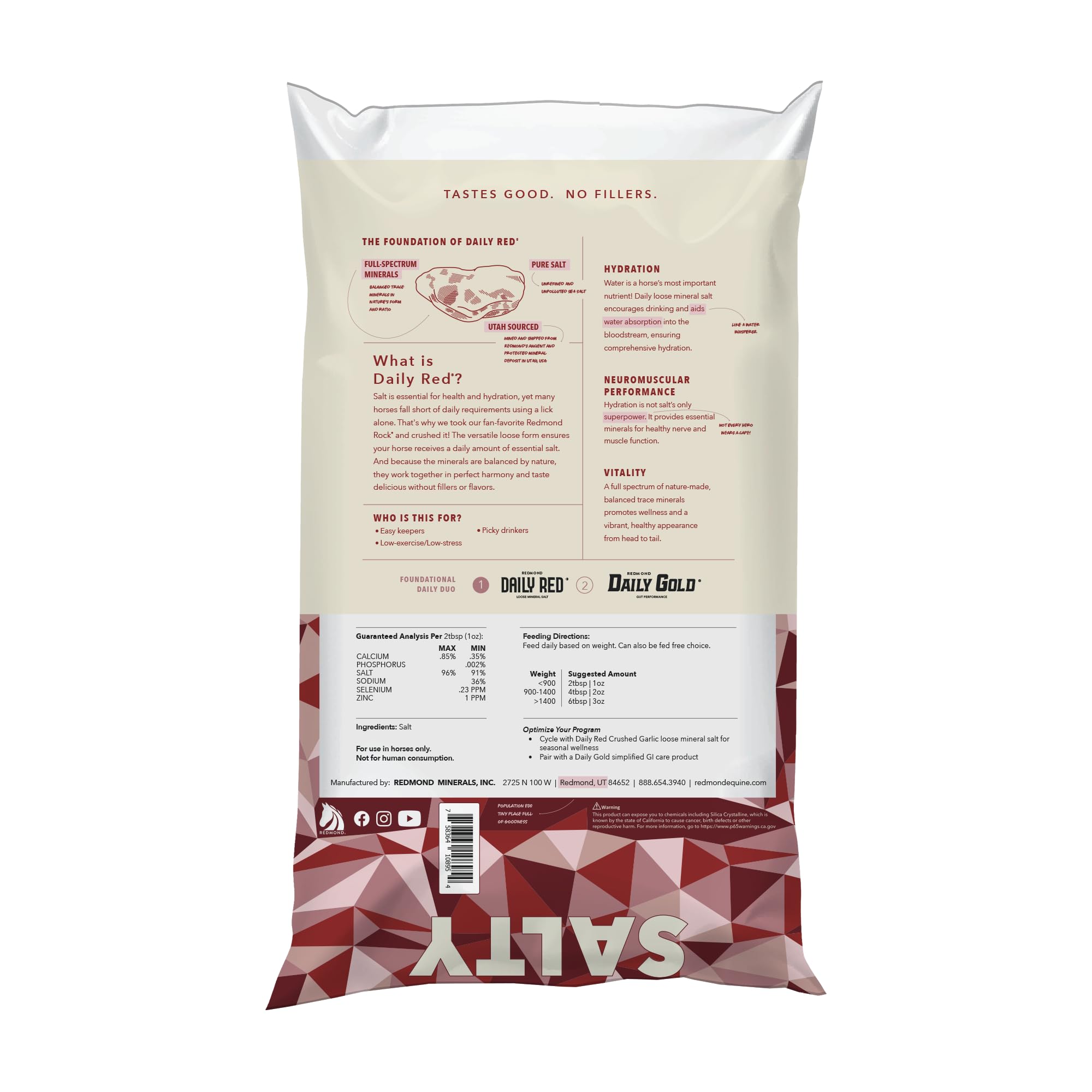 Suplemento de electrolitos de sal mineral suelta triturada REDMOND Rock para caballos (11,34 kg)