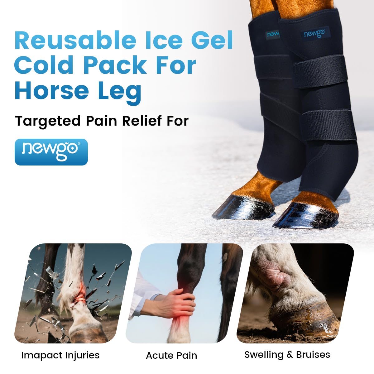 NEWGO Horse Ice Pack Reusable Horse Leg Wrap for Injury, Cooling Horse Knee Wrap Full Coverage Leg Ice Boot Cold Pack 1 Wrap with 2 Gel Packs for Knee, Legs, Boots, and Hooves