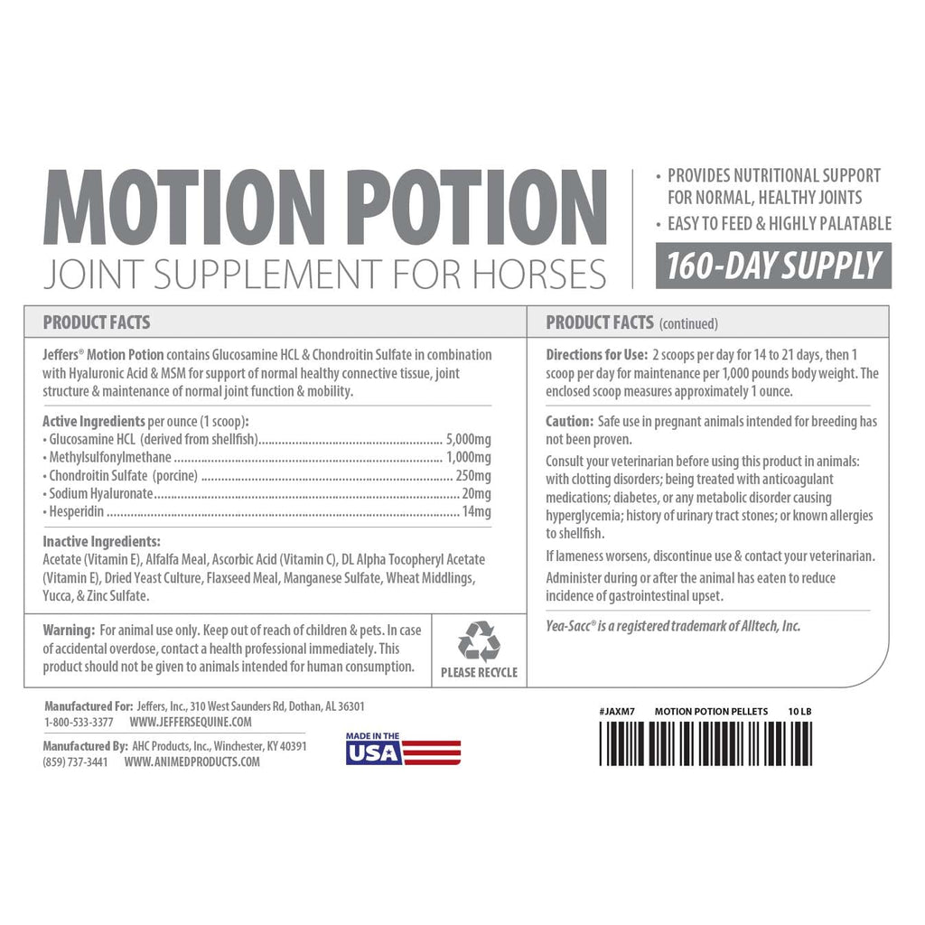 Gránulos de suplemento para articulaciones de caballos Motion Potion de Jeffers – Glucosamina HCl, MSM, Condroitina, Ácido hialurónico, Vitaminas C y E, Soporte equino diario para caballos mayores y activos – 10 lbs, Suministro para 160 días