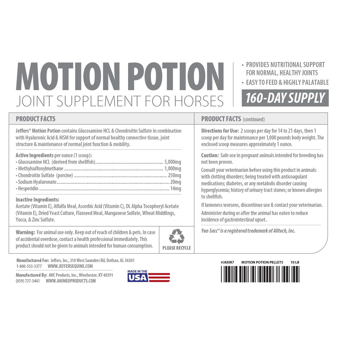 Jeffers Motion Potion Horse Joint Supplement Pellets – Glucosamine HCL, MSM, Chondroitin, Hyaluronic Acid, Vitamin C & E, Daily Equine Support for Senior & Active Horses – 10 lbs, 160 Day Supply