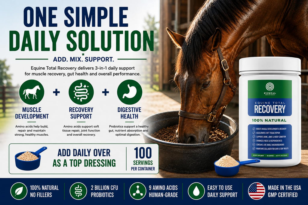 Pivotal Feeds Equine Total Recovery Suplemento – 9 aminoácidos y probióticos para caballos | Recuperación muscular, rendimiento y apoyo digestivo | Aderezo de pienso para caballos | 100 porciones