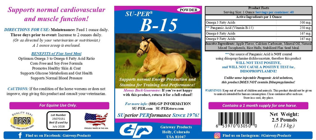Suplemento vitamínico SU-PER B-15 para caballos - Vitamina B-15 en polvo equina para soporte de rendimiento - 12.5 Libras, suministro para 6 meses