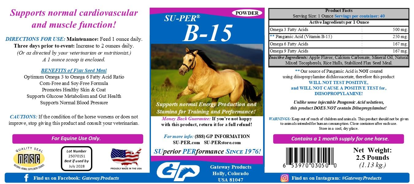 SU-PER B-15 Vitamin Supplement for Horses - Equine Vitamin B-15 Powder for Performance Support - 12.5 Pounds, 6 Month Supply