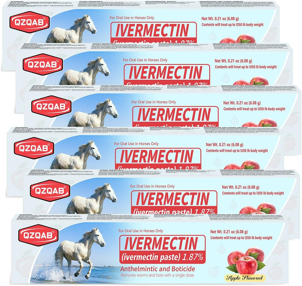 Pasta Equina de Ivermectina al 1.87% – Desparasitante Oral con Sabor a Manzana para Caballos, Paquete de 6