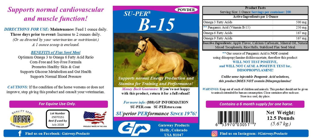 SU-PER B-15 Vitamin Supplement for Horses - Equine Vitamin B-15 Powder for Performance Support - 12.5 Pounds, 6 Month Supply
