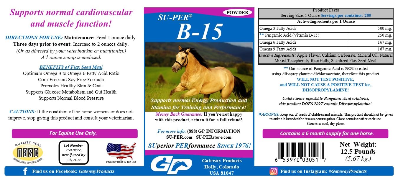 SU-PER B-15 Vitamin Supplement for Horses - Equine Vitamin B-15 Powder for Performance Support - 12.5 Pounds, 6 Month Supply