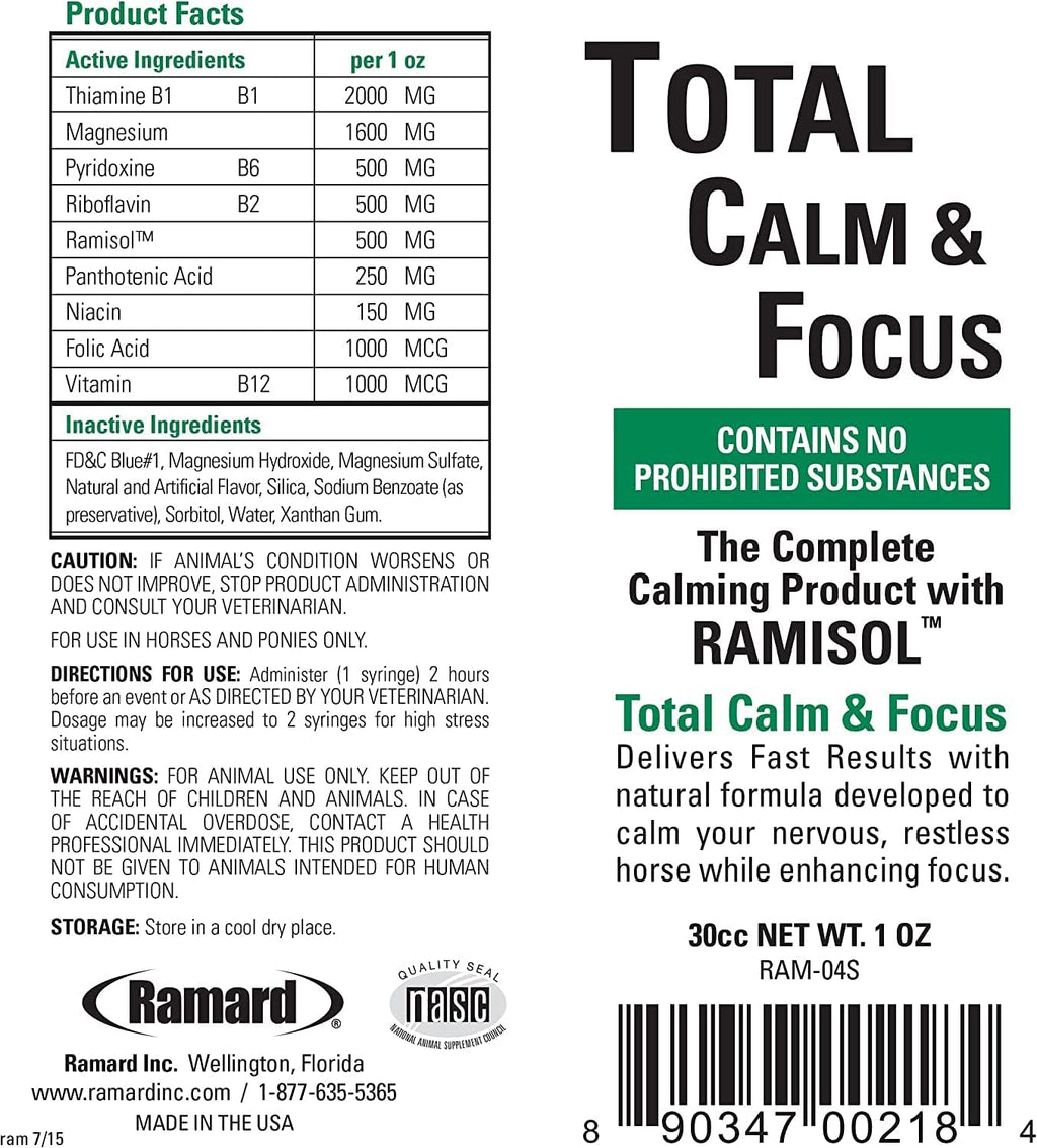 Ramard Total Calm and Focus for Horses Supplement - Magnesium & Calming Formula for Horse Show, Training, Performance Mental Alertness Without Drowsiness, Show Safe, Equine Supplies 1oz Syringe 3Packs