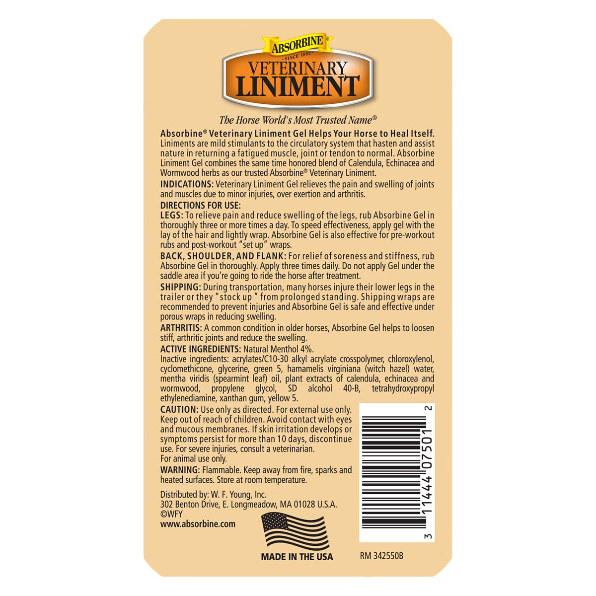 Absorbine Linimento Veterinario Analgésico Tópico Alivio del Dolor Muscular y Artrítico Linimento Rubefaciente, Gel de 340 gramos