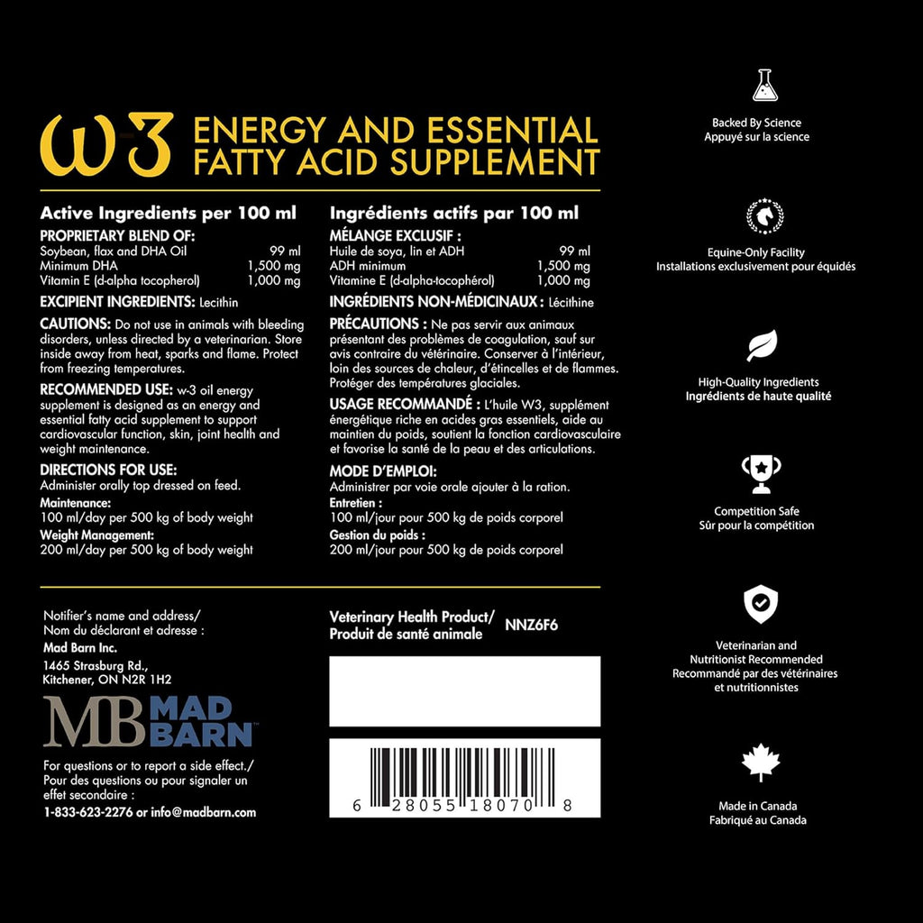 Mad Barn - Aceite W-3 5 L con Omega-3 DHA y Vitamina E Natural | Suplemento Graso para Caballos | Favorece una Piel Sana y un Pelaje Brillante