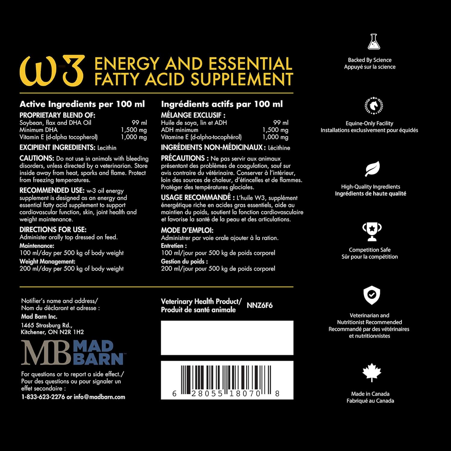 Mad Barn - Aceite W-3 5 L con Omega-3 DHA y Vitamina E Natural | Suplemento Graso para Caballos | Favorece una Piel Sana y un Pelaje Brillante