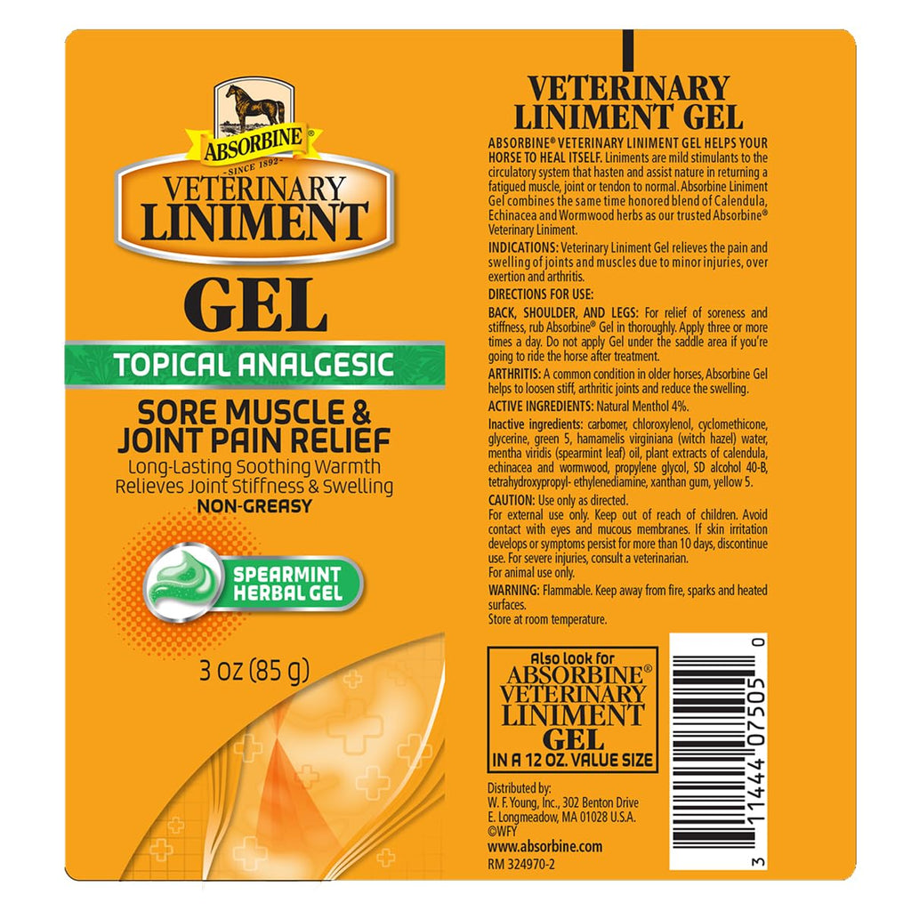 Absorbine Linimento Veterinario Analgésico Tópico Alivio del Dolor Muscular y Artrítico Linimento Rubefaciente, Gel de 340 gramos