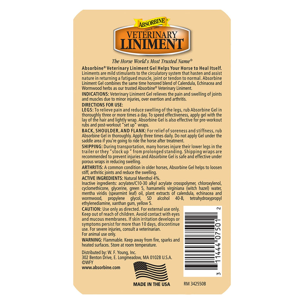 Absorbine Linimento Veterinario Analgésico Tópico Alivio del Dolor Muscular y Artrítico Linimento Rubefaciente, Gel de 340 gramos