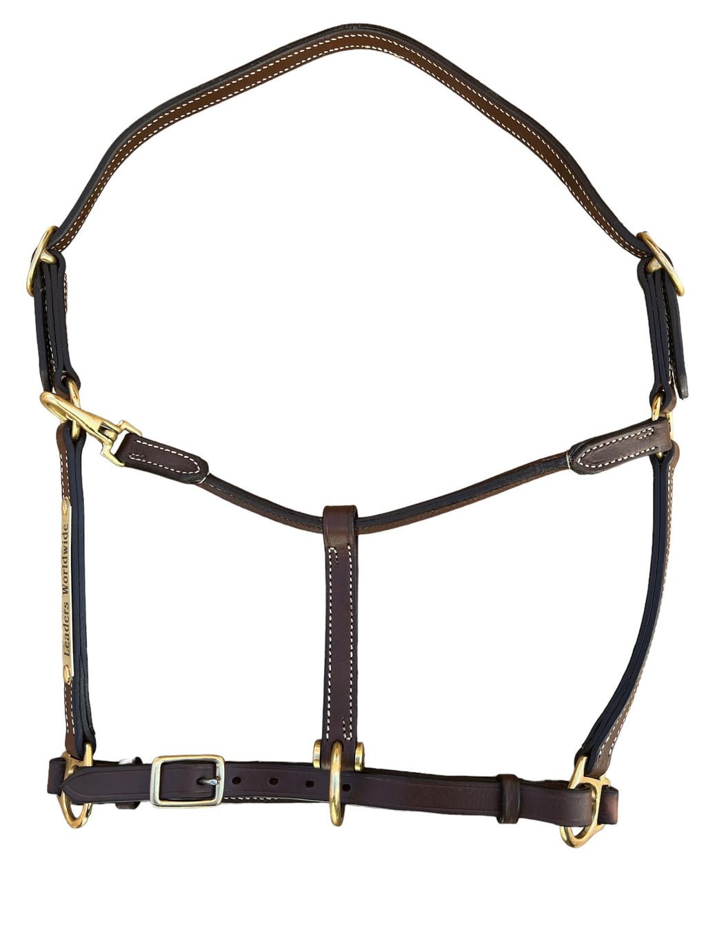 Cabestro de cuero de 3/4" de Leaders para caballos con placa de identificación grabada personalizada, cuero marrón con herrajes de latón macizo