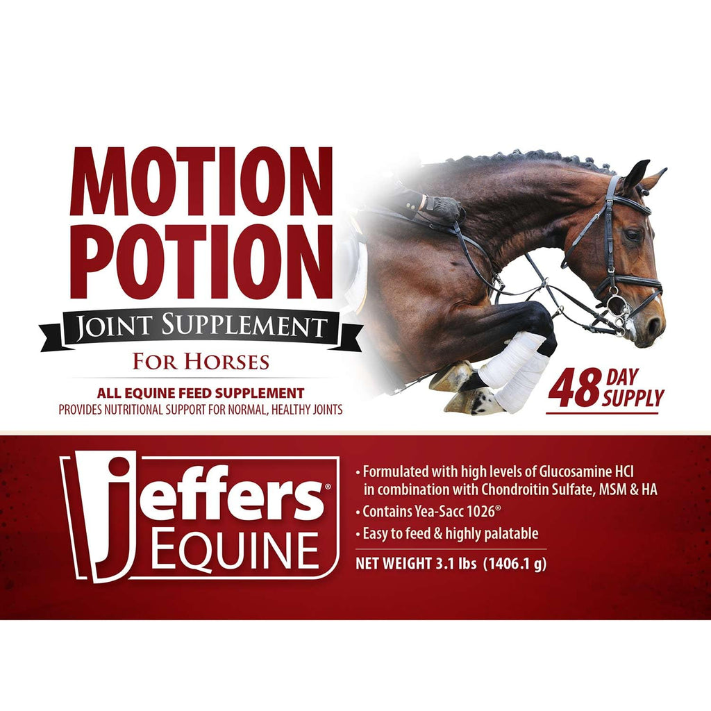 Gránulos de suplemento para articulaciones de caballos Motion Potion de Jeffers – Glucosamina HCl, MSM, Condroitina, Ácido hialurónico, Vitaminas C y E, Soporte equino diario para caballos mayores y activos – 10 lbs, Suministro para 160 días