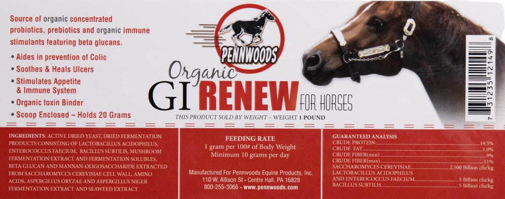Pennwoods Equine Products GI Renew - 2 LBS | Digestión | Estimulante inmune | Suplemento para caballos | Estimulante del apetito | Probiótico | Prebiótico | Enzimas digestivas | Beta Glucanos |