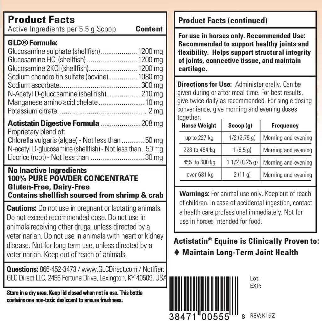 Actistatin Equine Powder, 2.05 lb – Suplemento veterinario para articulaciones de caballos, clínicamente probado: glucosamina, condroitina, manganeso – Apoya articulaciones, cartílagos, tejidos blandos y ligamentos