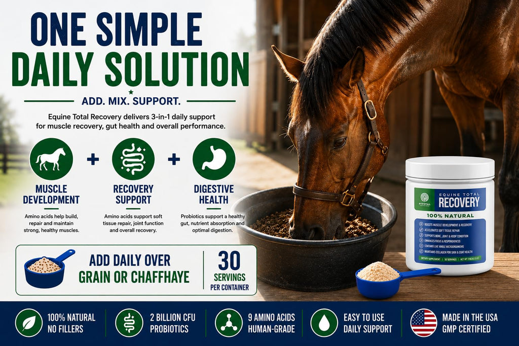 Pivotal Feeds Equine Total Recovery Suplemento – 9 aminoácidos y probióticos para caballos | Recuperación muscular, rendimiento y apoyo digestivo | Aderezo de pienso para caballos | 100 porciones
