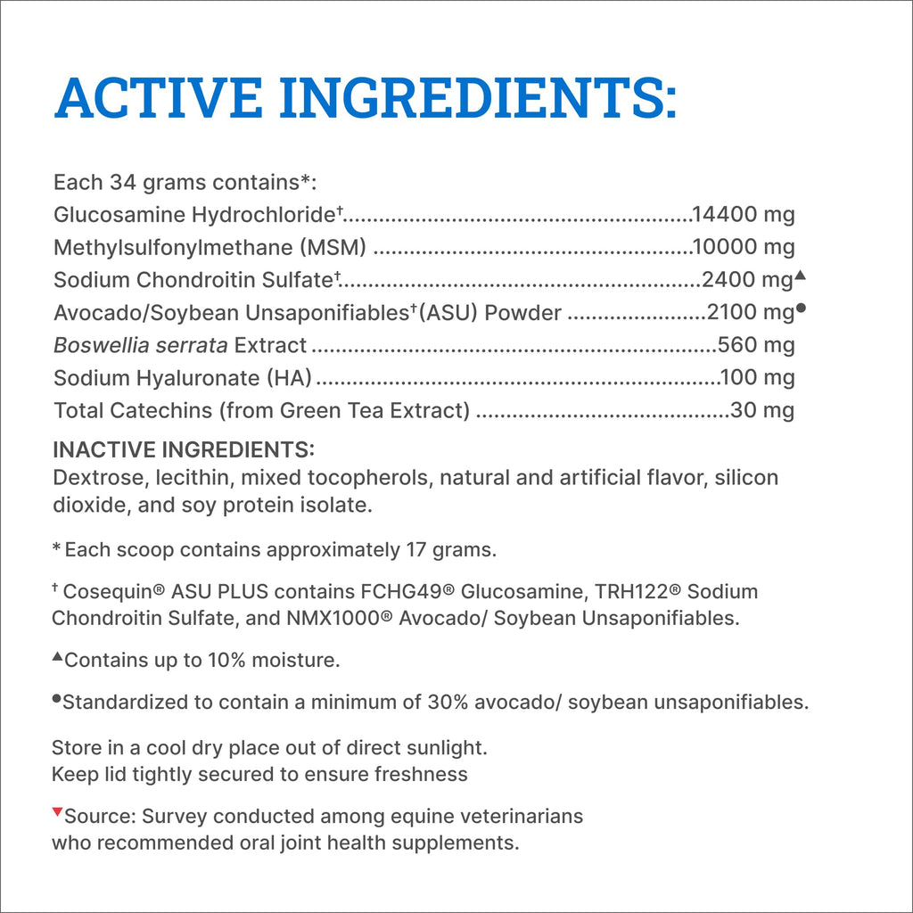 Suplemento Nutramax Cosequin ASU para la salud articular en caballos - Polvo con glucosamina, condroitina, MSM, ASU, extracto de té verde y ácido hialurónico, 1050 gramos