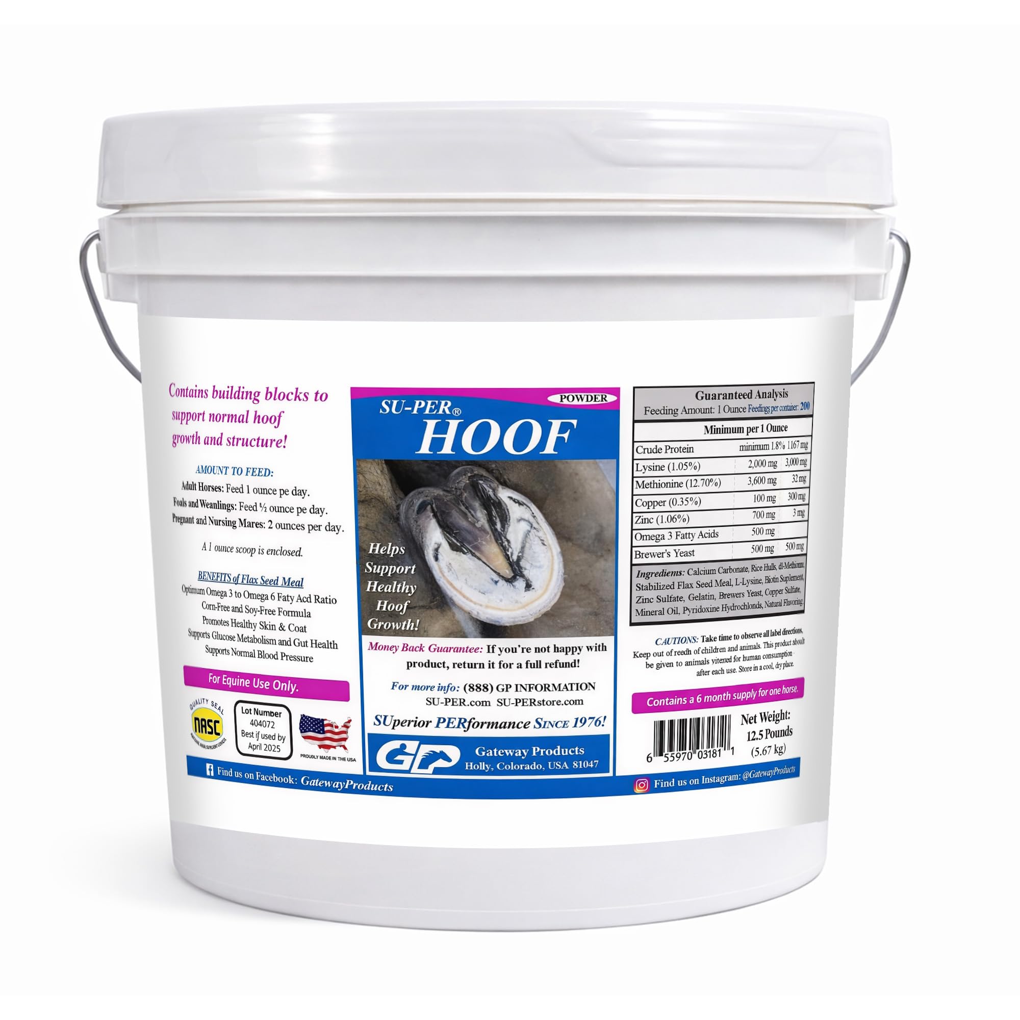 SU-PER Hoof Horse Supplement - Essential Nutrients for Hoof Growth and Hoof Care - Biotin, Gelatin, Lysine, Methionine, Zinc - 2.5 Pounds