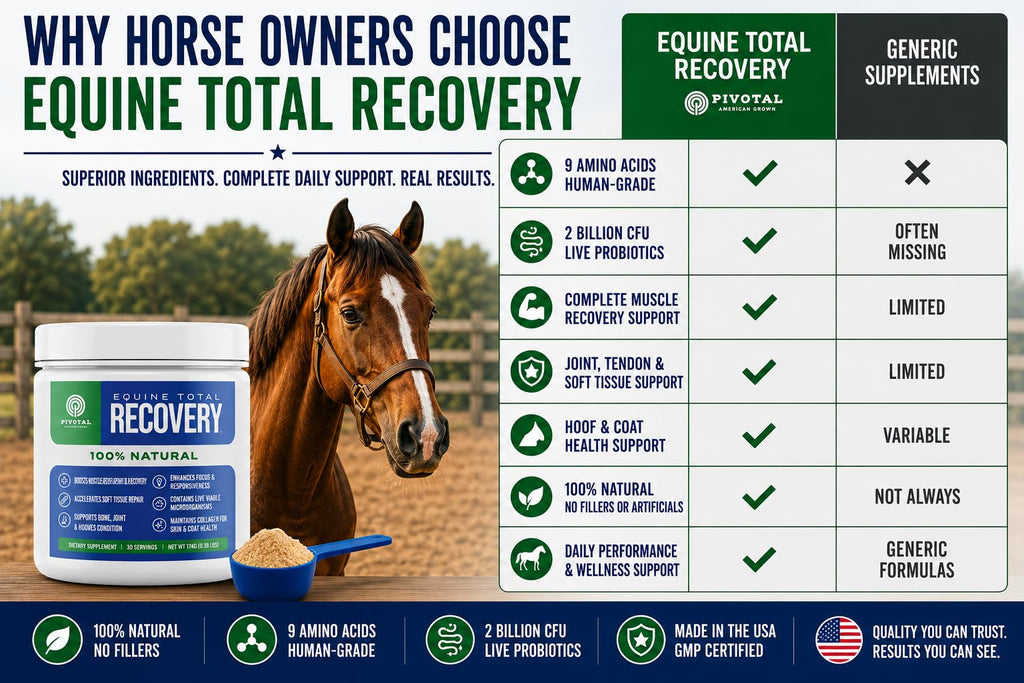 Pivotal Feeds Equine Total Recovery Suplemento – 9 aminoácidos y probióticos para caballos | Recuperación muscular, rendimiento y apoyo digestivo | Aderezo de pienso para caballos | 100 porciones